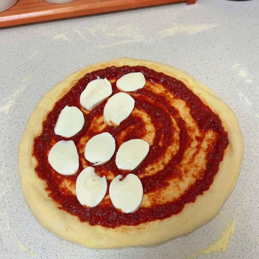 Rodajas de queso mozzarella blanco fresco colocadas sobre una base de masa de pizza cubierta con salsa de tomate.
