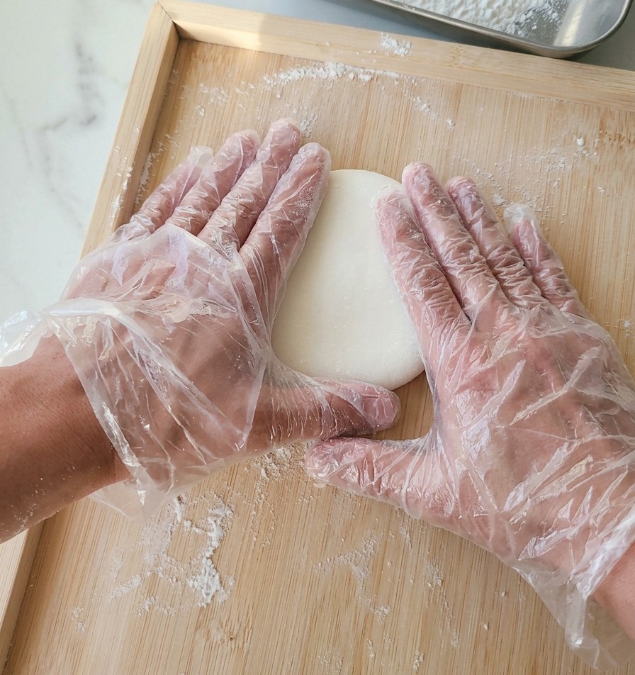 Dos manos con guantes de plástico transparentes presionando el centro de una bola de masa de pizza blanca sobre una tabla de madera.