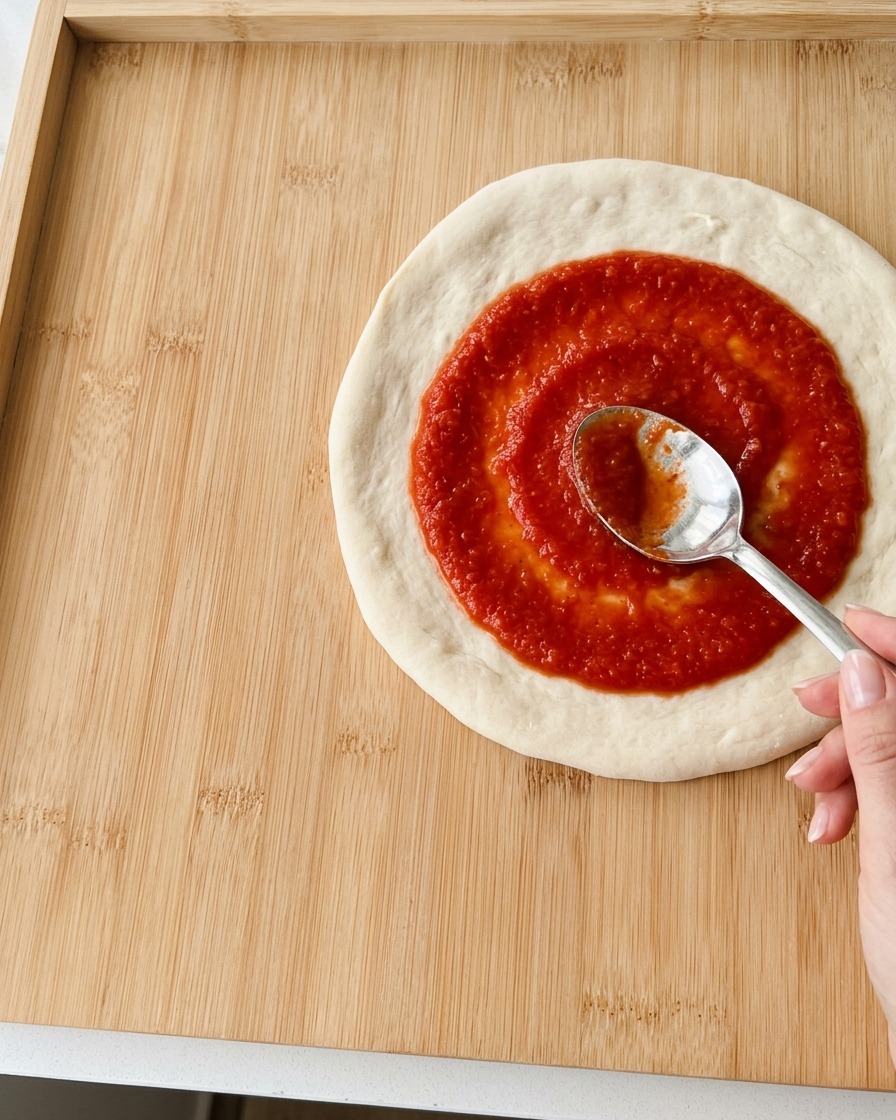 Una cuchara de metal extendiendo salsa de tomate de color rojo vibrante en espiral sobre una base de masa de pizza cruda.