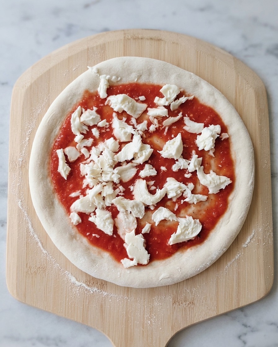 Trozos de mozzarella blanca esparcidos sobre una base de salsa de tomate roja en una masa de pizza sobre una pala de madera.