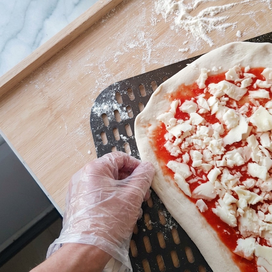 Una mano con guante de plástico acomodando el borde de una pizza cruda mientras se desliza sobre una pala metálica perforada negra.