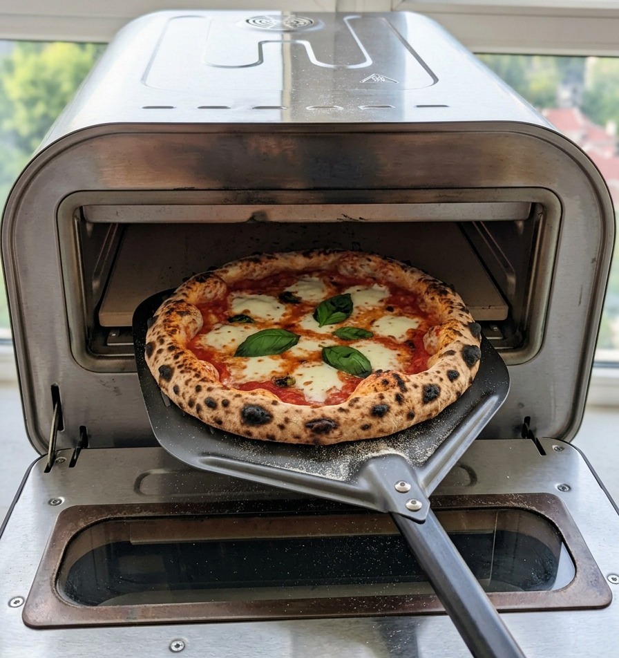 Una pizza recién horneada con una masa dorada y crujiente y mozzarella derretida saliendo de un horno portátil de acero inoxidable en una pala metálica.
