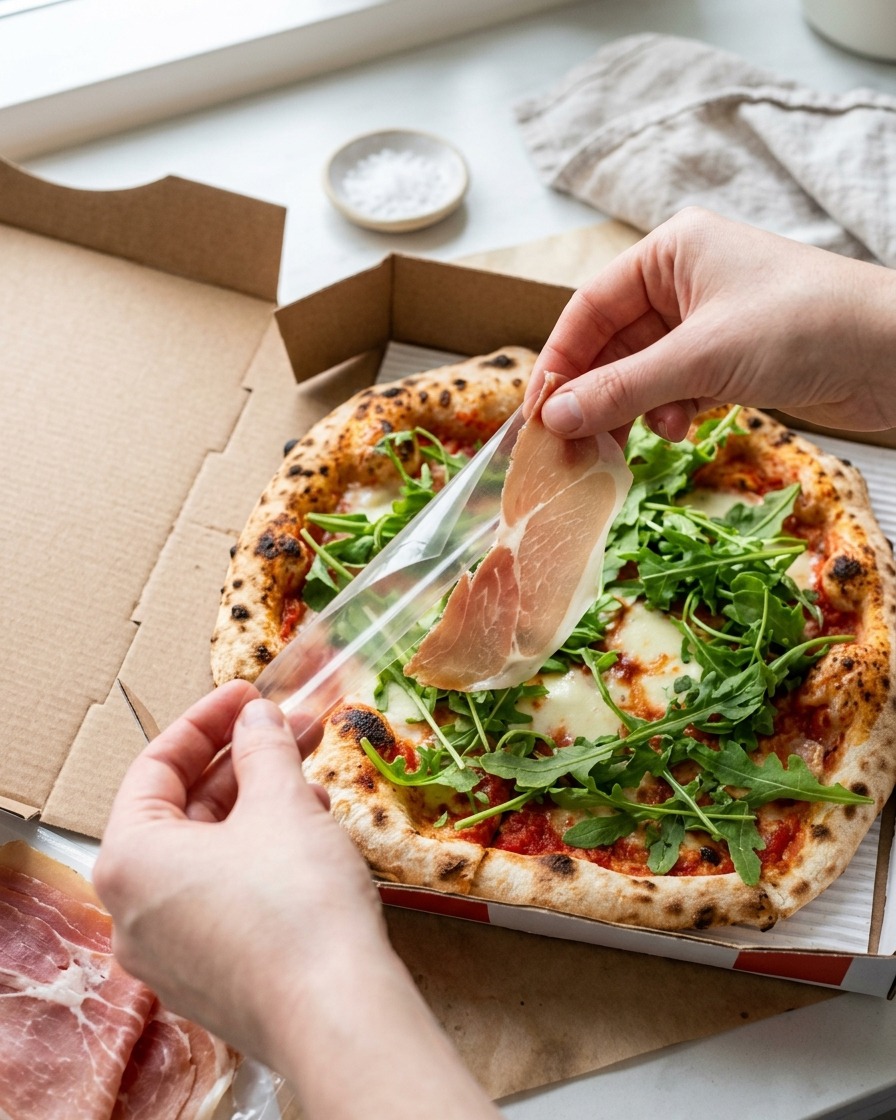 Un primer plano de una mano colocando cuidadosamente una rebanada fina y veteada de jamón prosciutto sobre rúcula fresca encima de una pizza cocida.