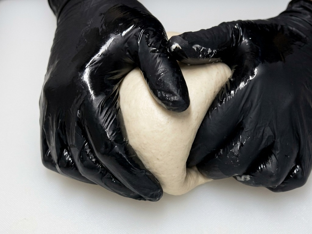 Manos con guantes negros dando forma a una bola de masa de pizza redonda y lisa al deslizarla sobre una tabla blanca.
