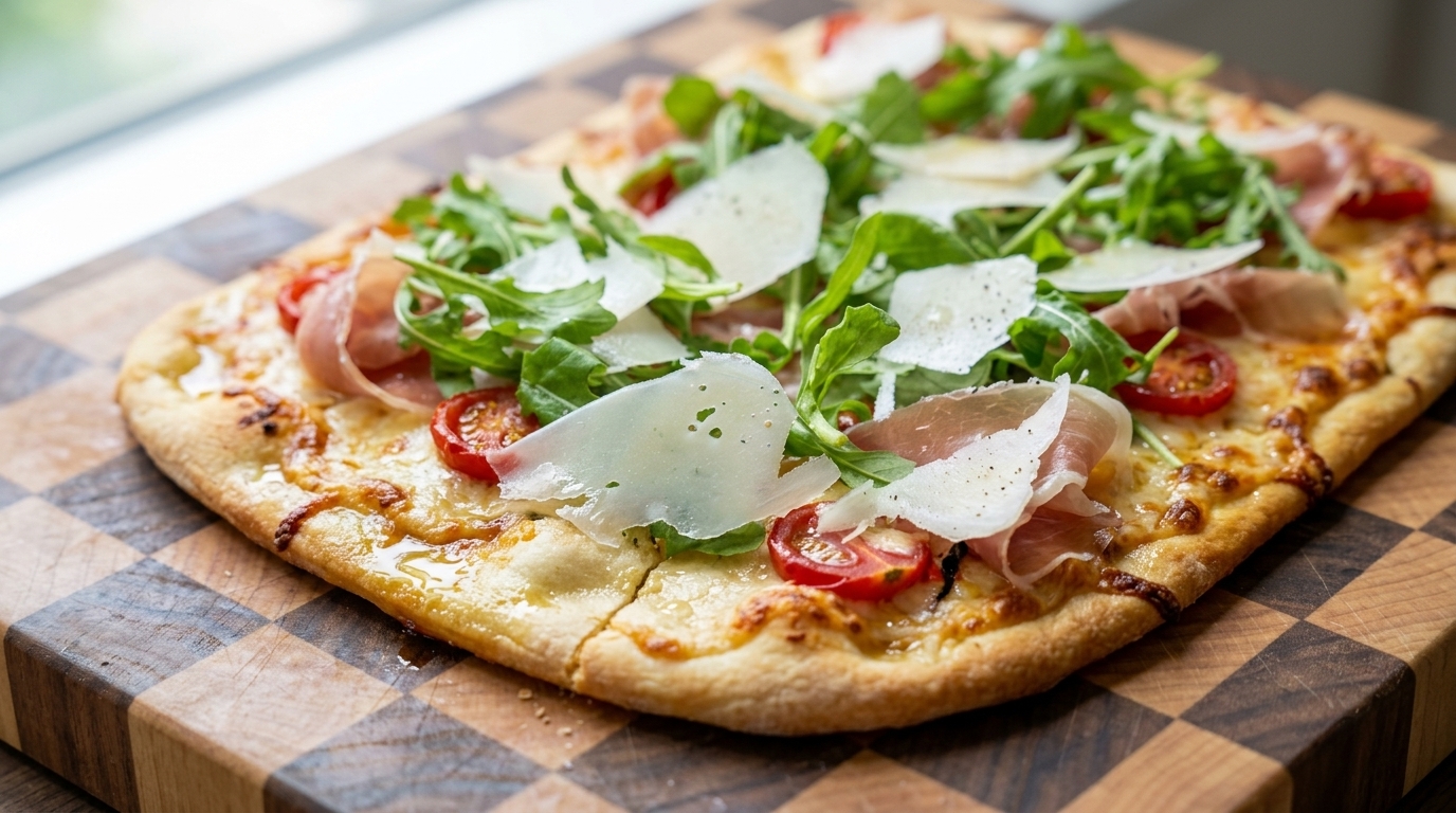 Pizza italiana de verano con prosciutto y rúcula