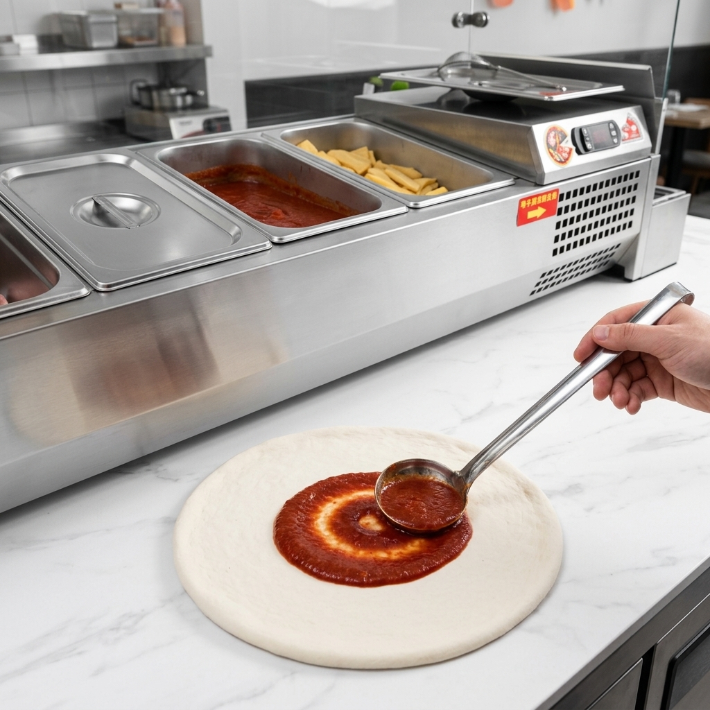 Una mano distribuye salsa de tomate roja con un cucharón de acero inoxidable en movimientos circulares sobre una masa de pizza redonda en una encimera de mármol blanco.