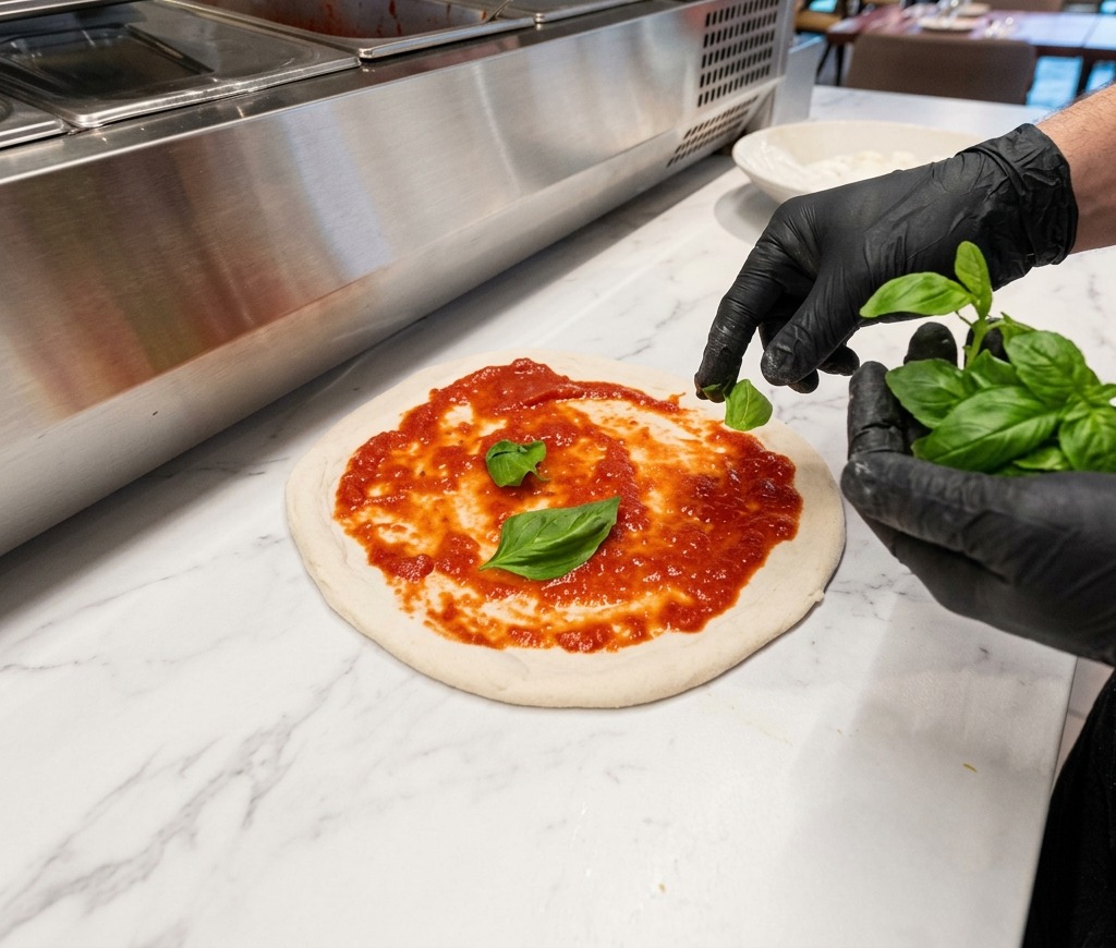 Una persona con guantes negros coloca hojas verdes de albahaca fresca sobre una masa de pizza cubierta con salsa de tomate roja.