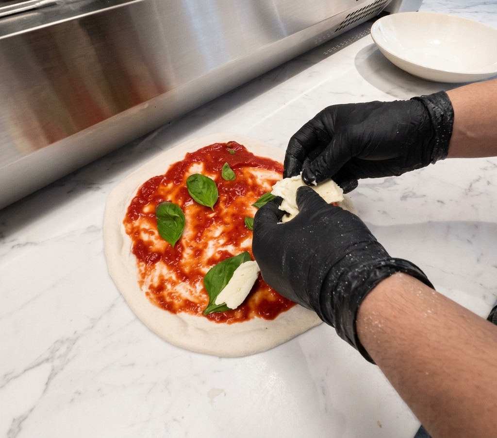 Unas manos con guantes trocean y colocan queso mozzarella fresco y blanco sobre una base de pizza con salsa de tomate y hojas de albahaca.