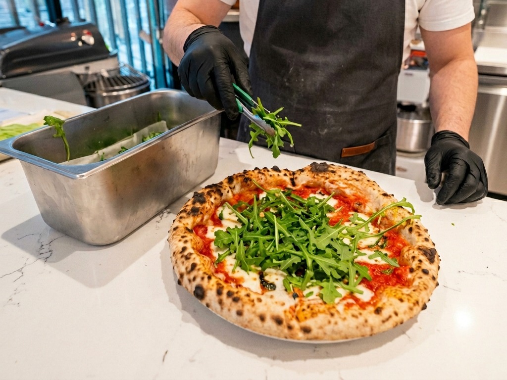 Un chef utiliza unas pinzas verdes para colocar un montón de hojas de rúcula fresca sobre una pizza recién horneada con la masa perfectamente dorada.