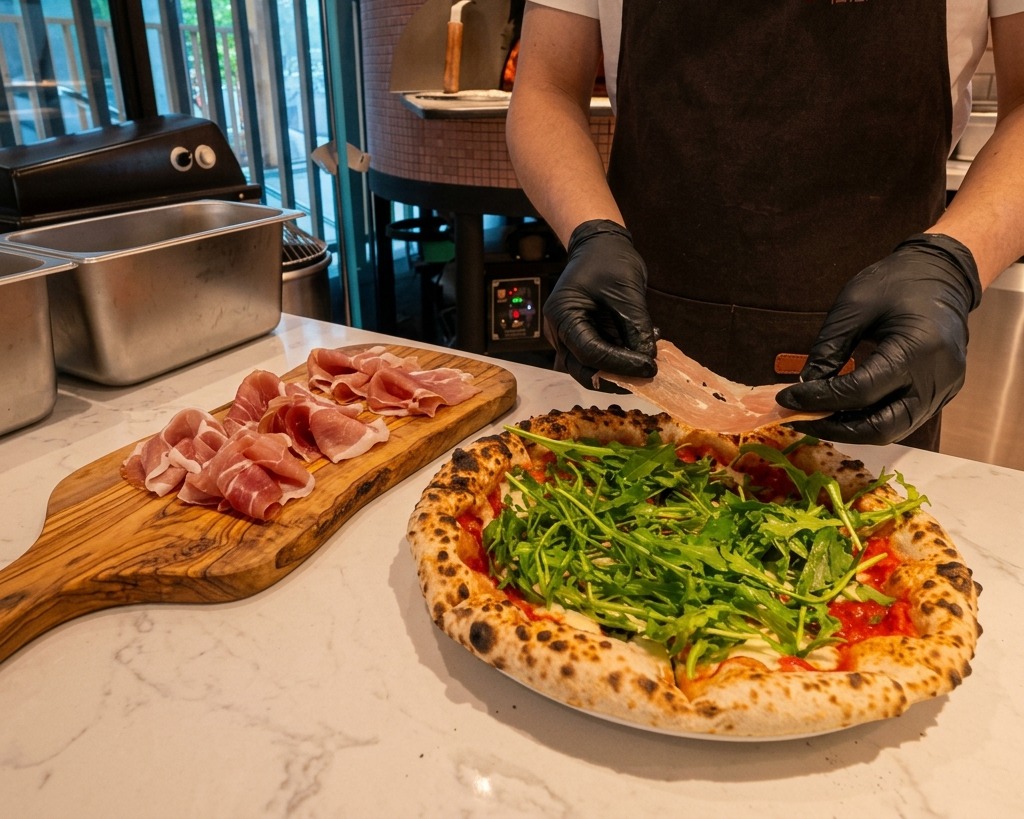 Un chef coloca finas lonchas de prosciutto rosado sobre un lecho de rúcula verde en una pizza caliente recién salida del horno de leña.