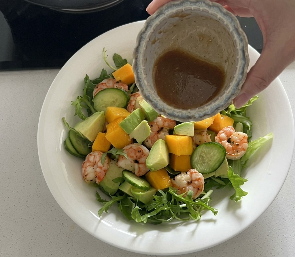 Aderezo siendo vertido desde un tazón pequeño sobre una ensalada que contiene camarones, mango, aguacate y vegetales verdes.
