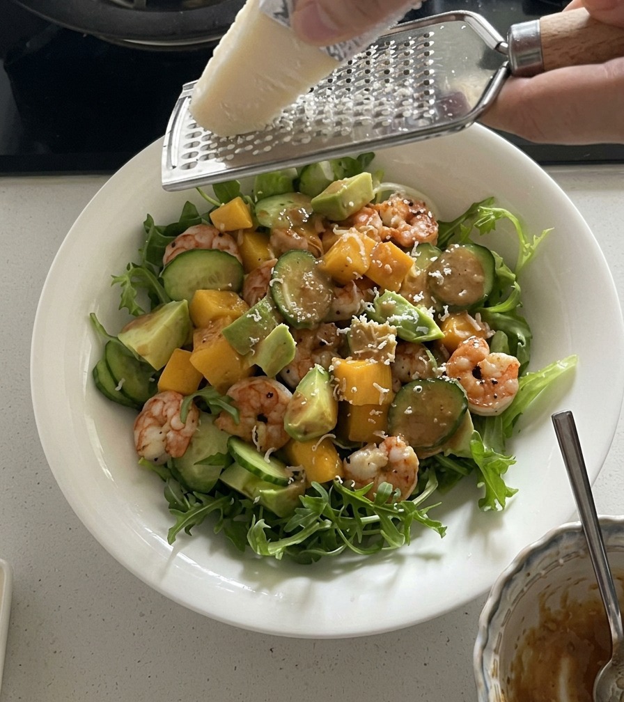 Un rallador de mano siendo utilizado para desmenuzar queso parmesano fresco sobre una colorida ensalada de rúcula, camarones y frutas.