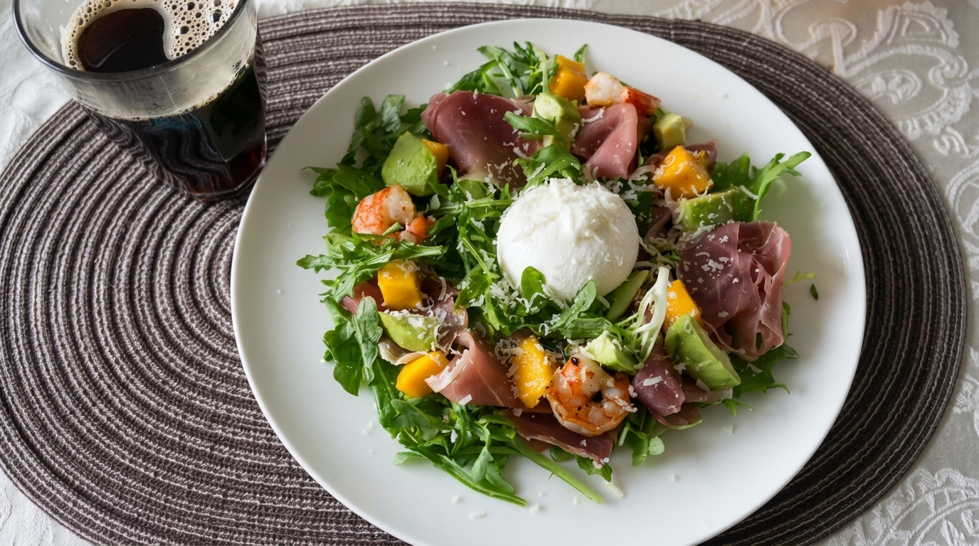 Ensalada de rúcula y prosciutto con camarones salteados y burrata