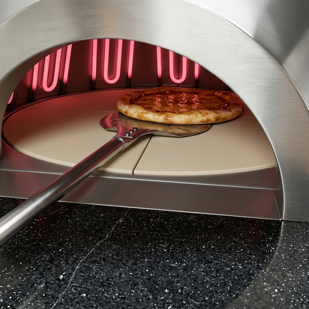 Una pizza cubierta con salsa de tomate y queso fresco introduciéndose en un horno de leña al rojo vivo con una pala metálica de mango largo.
