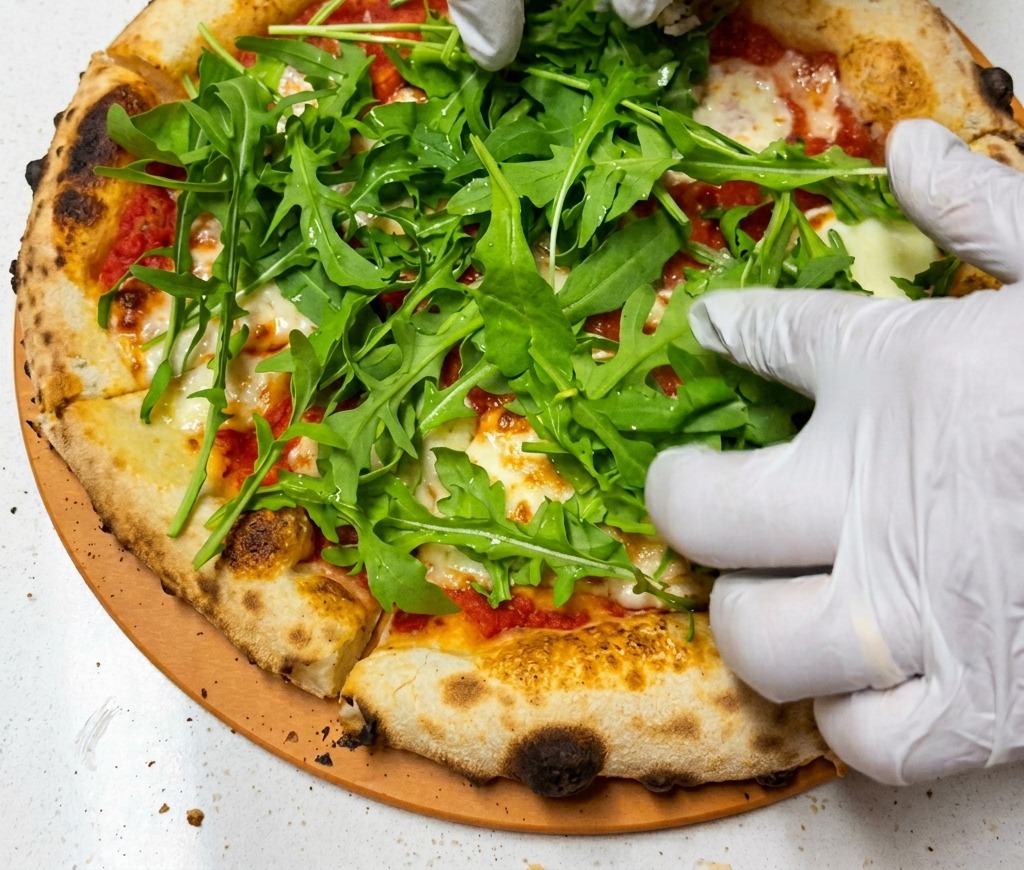Manos con guantes esparciendo una gran cantidad de hojas de rúcula de color verde vibrante sobre una pizza recién horneada.