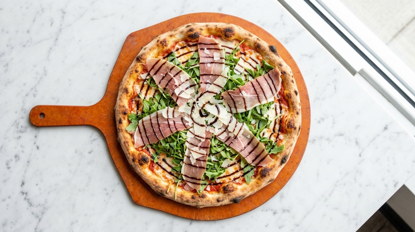 Una pizza al horno de leña cubierta con rúcula fresca, lonchas finas de jamón de Parma y un cordón de reducción balsámica