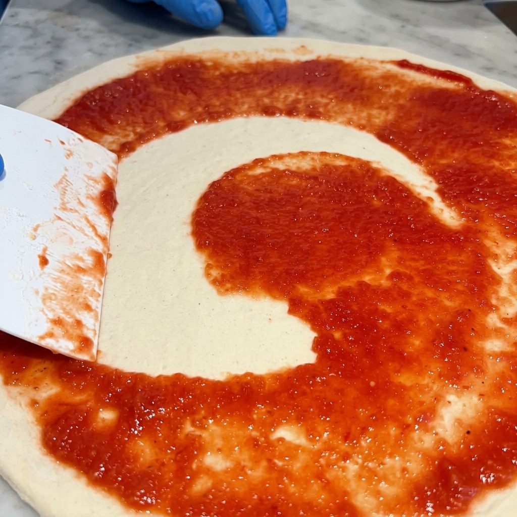 Salsa de tomate de color rojo intenso extendiéndose en círculos sobre una base de pizza cruda con una espátula blanca.