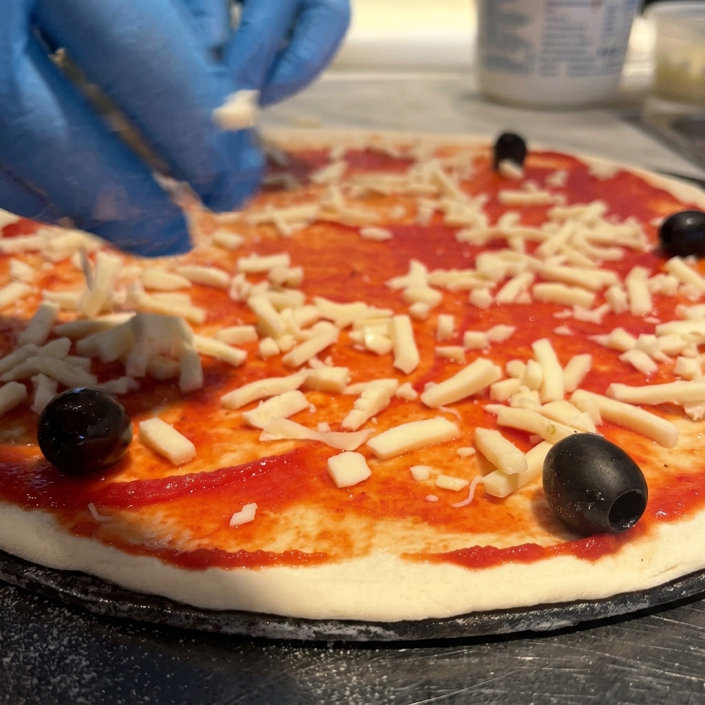 Queso mozzarella rallado y aceitunas negras colocándose sobre una base de pizza con salsa de tomate.