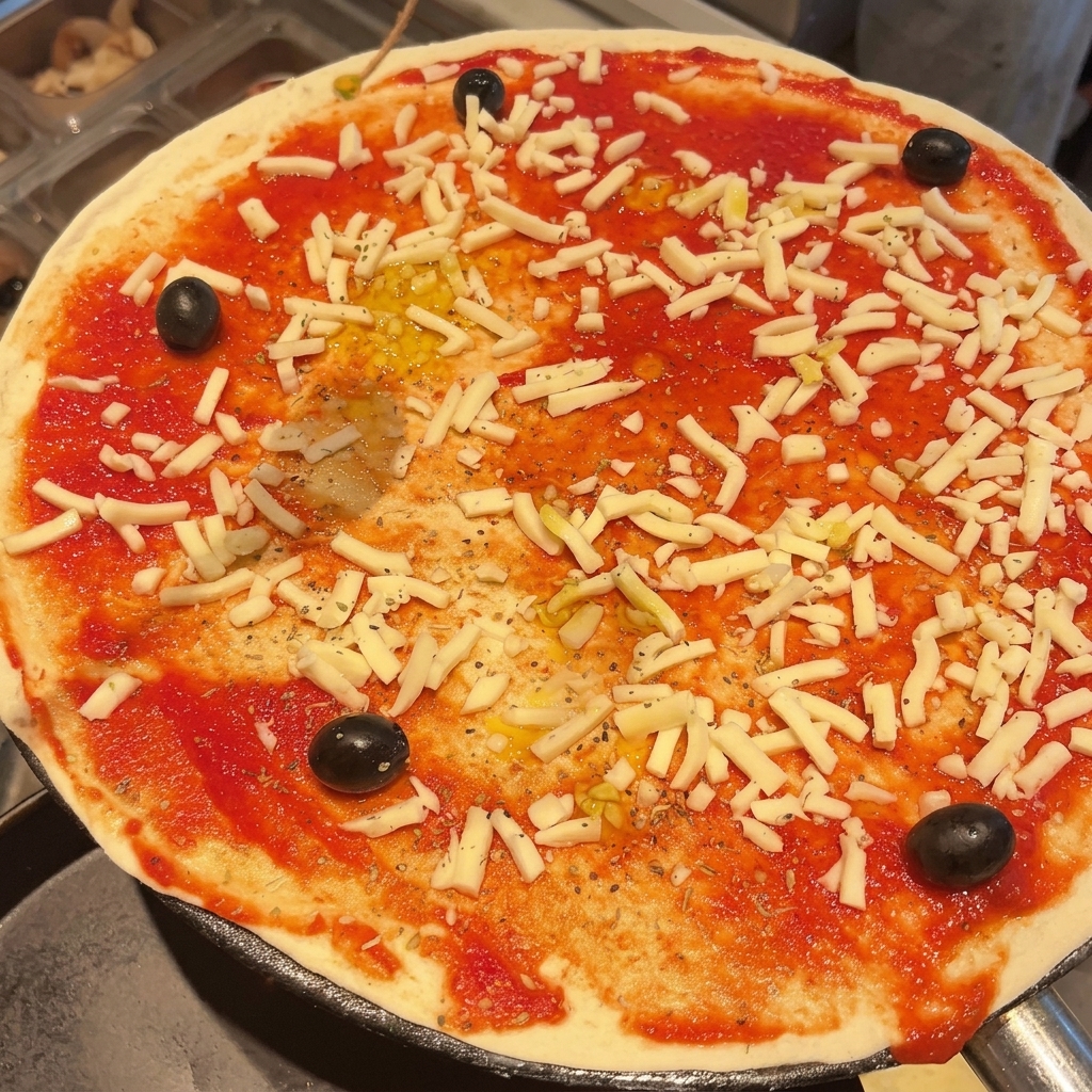 Primer plano de una pizza cruda con salsa de tomate, queso y aceitunas, recibiendo un chorrito de aceite antes de hornear.
