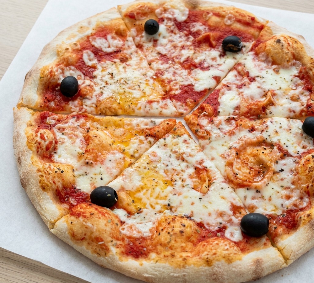 Una pizza recién horneada con aceitunas y queso derretido, cortada en seis porciones sobre papel para hornear blanco.