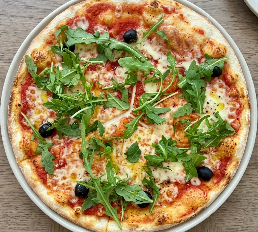 Vista superior de una pizza redonda cubierta con hojas frescas de rúcula verde y aceitunas negras.