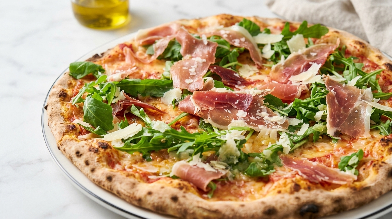 Pizza auténtica de jamón italiano y rúcula (Pizza Prosciutto e Rucola)