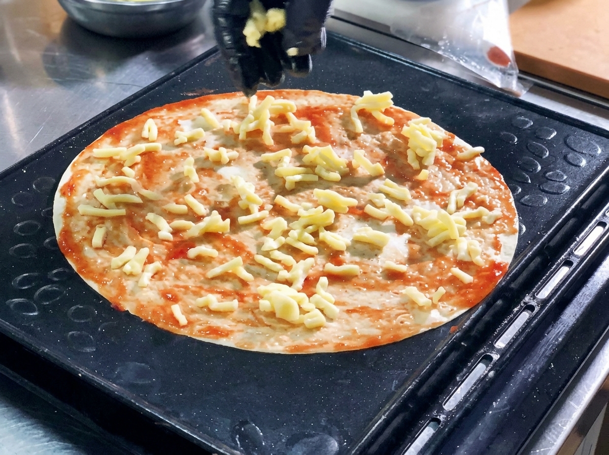Una mano espolvorea queso mozzarella rallado de color blanco sobre una base de pizza de tortilla cubierta con salsa roja.