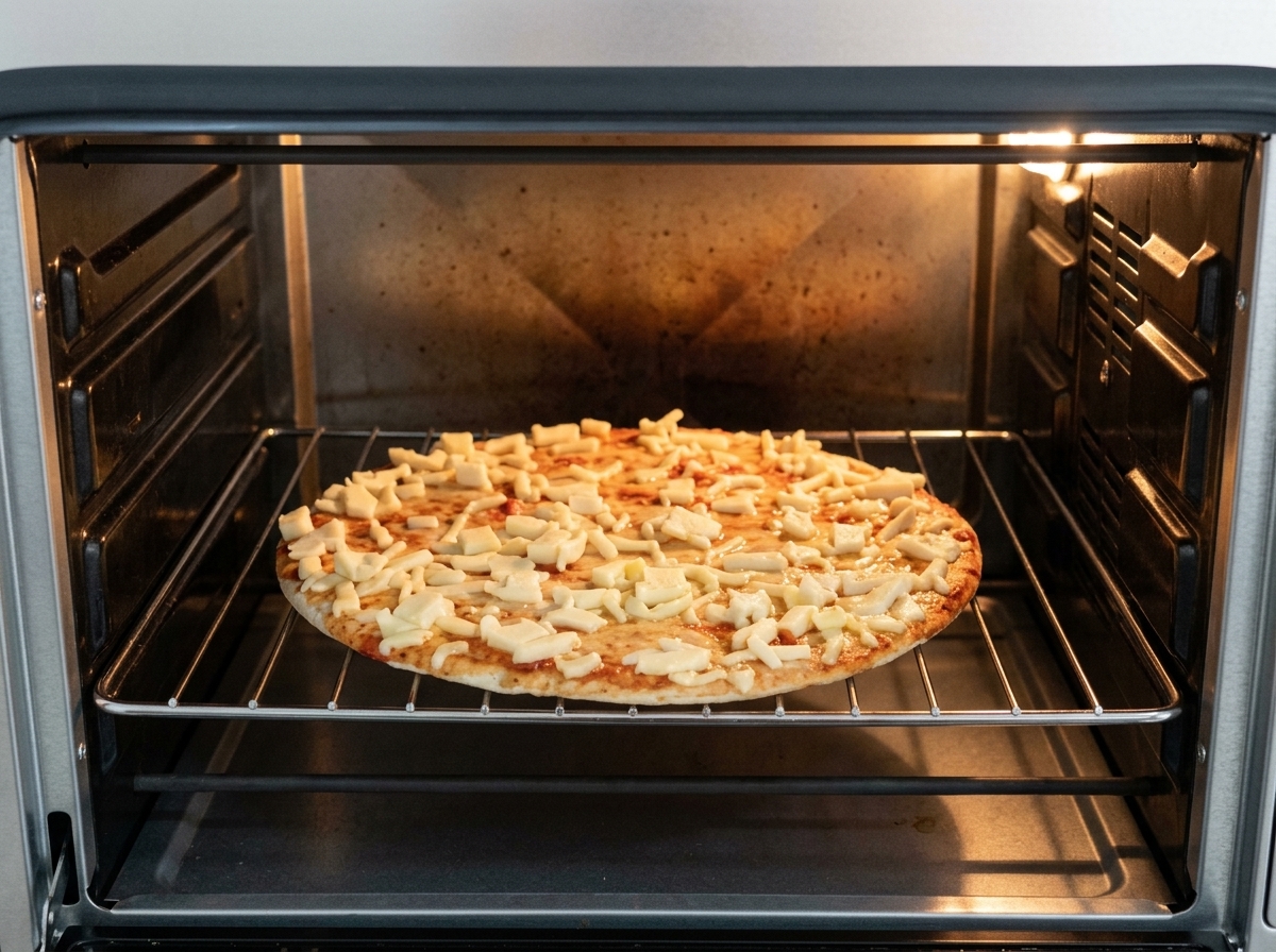Una pizza fina con el queso fundido dorándose sobre una rejilla dentro de un horno profesional caliente.