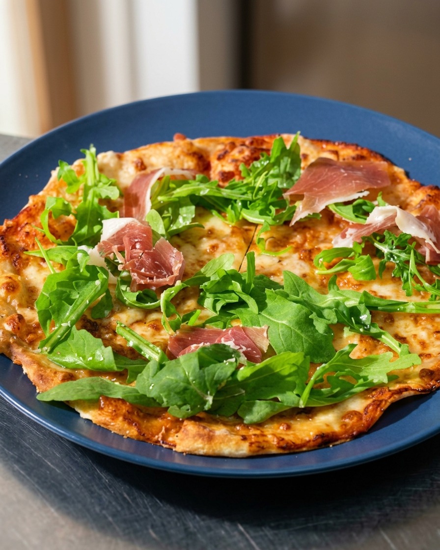 Finas lonchas de jamón ibérico curado de color rojizo dispuestas sobre la rúcula verde en una pizza de tortilla horneada.