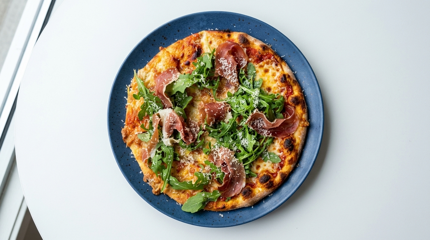 Pizza fina de jamón ibérico y rúcula