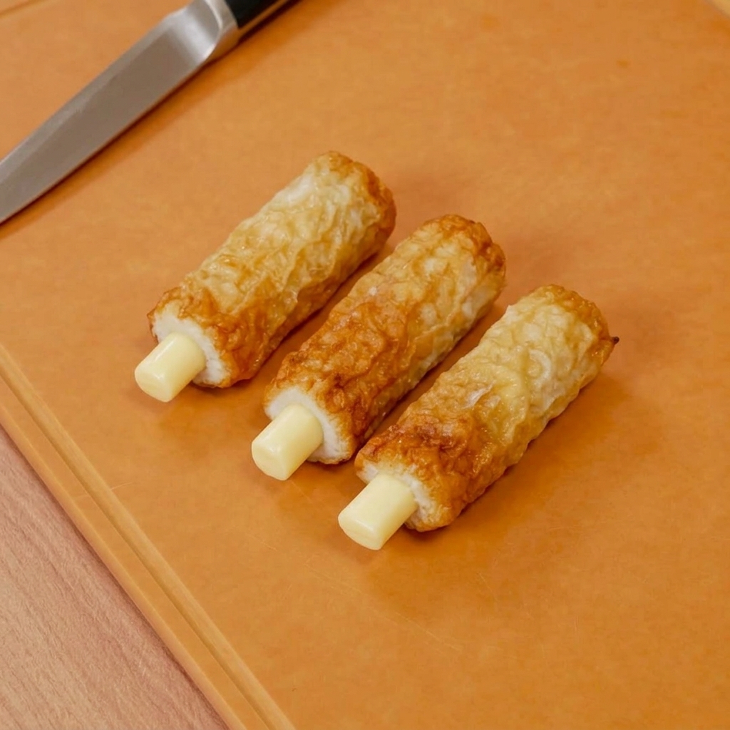 Pasteles de pescado chikuwa preparados y rellenos con trozos de queso, listos para rebozar.