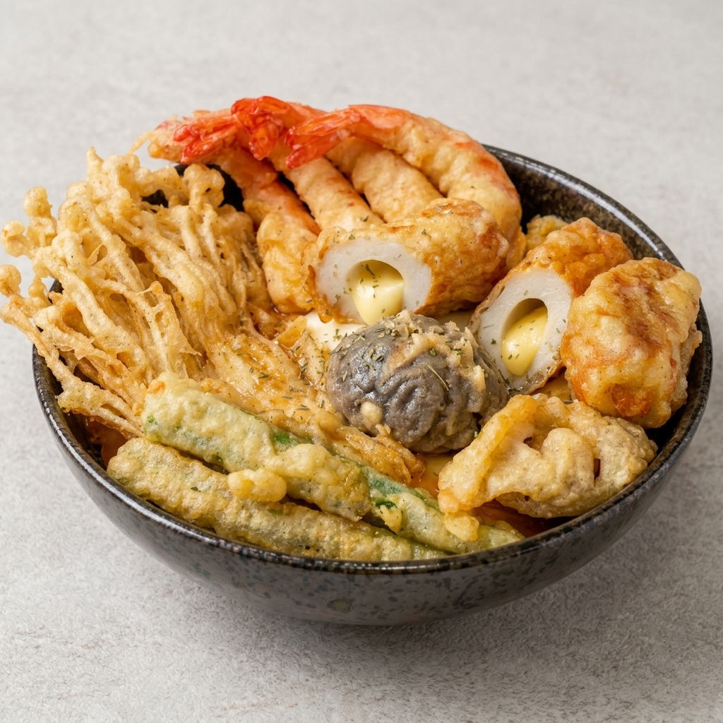 Seta shiitake y okra siendo sumergidas en la masa de tempura con palillos.