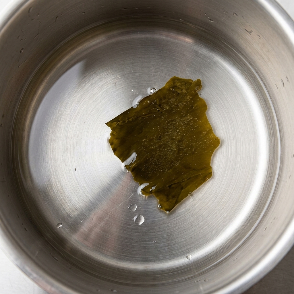 Un trozo de alga kombu reposando en una olla con agua fría sobre la estufa.