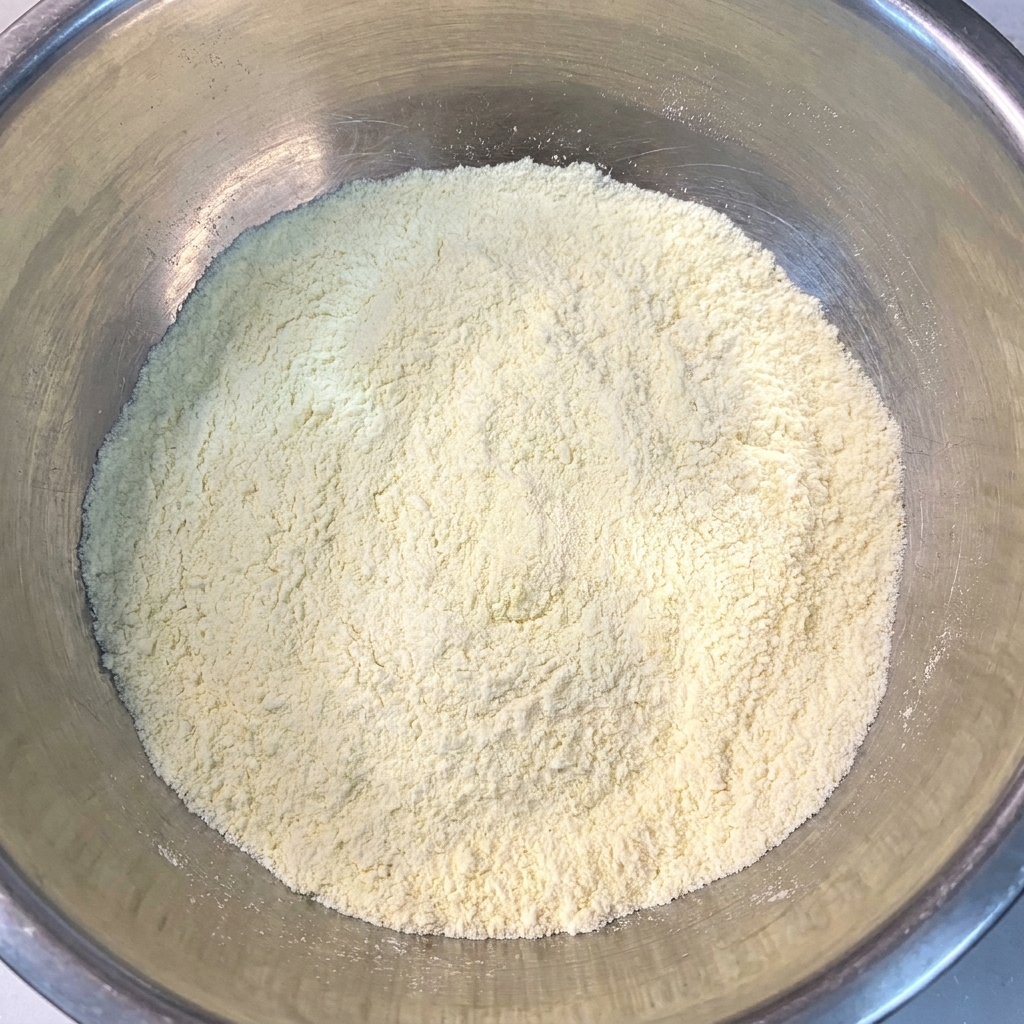 Harina para tempura, agua y cubitos de hielo en un bol metálico siendo mezclados ligeramente.