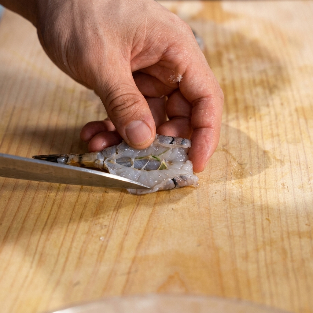 Un cuchillo afilado creando pequeñas incisiones uniformes a lo largo del vientre del camarón.