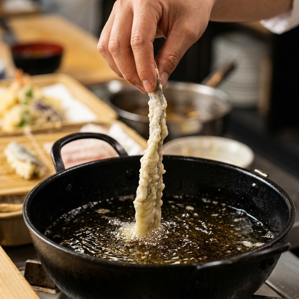 Primer plano de un camarón siendo cubierto con un rebozado de tempura ligero antes de freír.