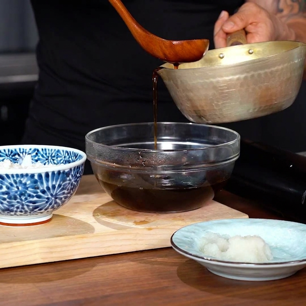 Salsa tempura caliente vertiéndose desde una olla metálica tradicional a un cuenco de cristal.
