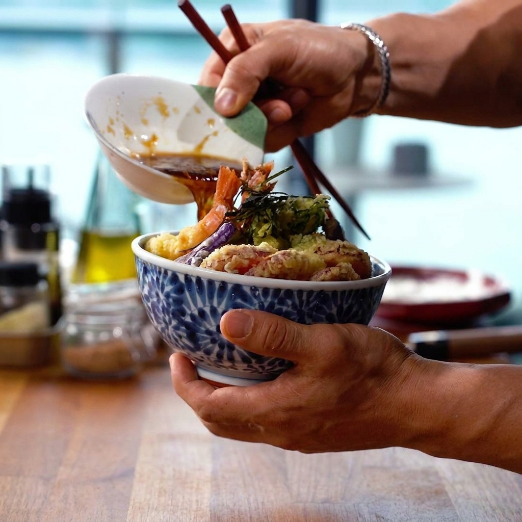 Salsa caliente siendo rociada sobre un cuenco de tempura crujiente servido sobre una base de arroz.