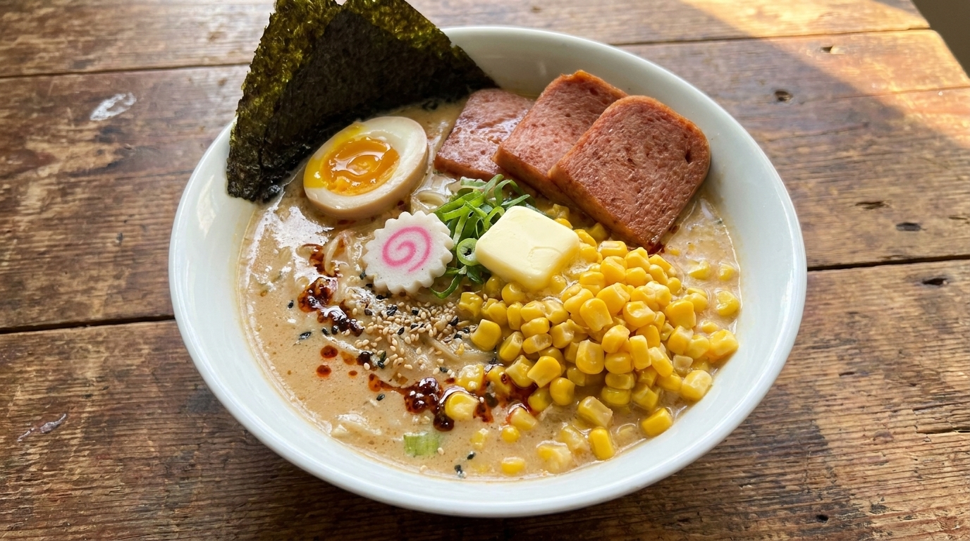 Un bol de ramen de miso, mantequilla y maíz decorado con alga, medio huevo cocido, jamón, pastel de pescado y maíz dulce.