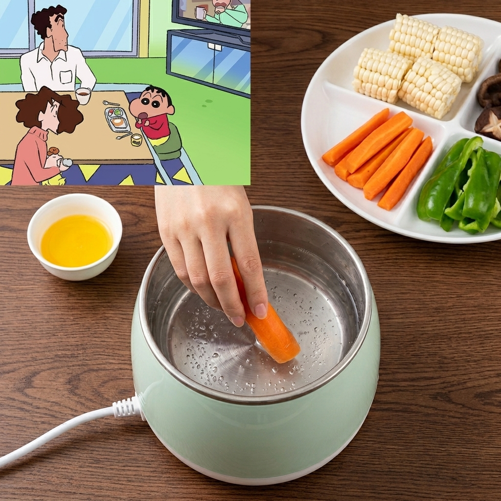 Variedad de verduras frescas incluyendo zanahorias, maíz y setas siendo añadidas a una olla con agua.