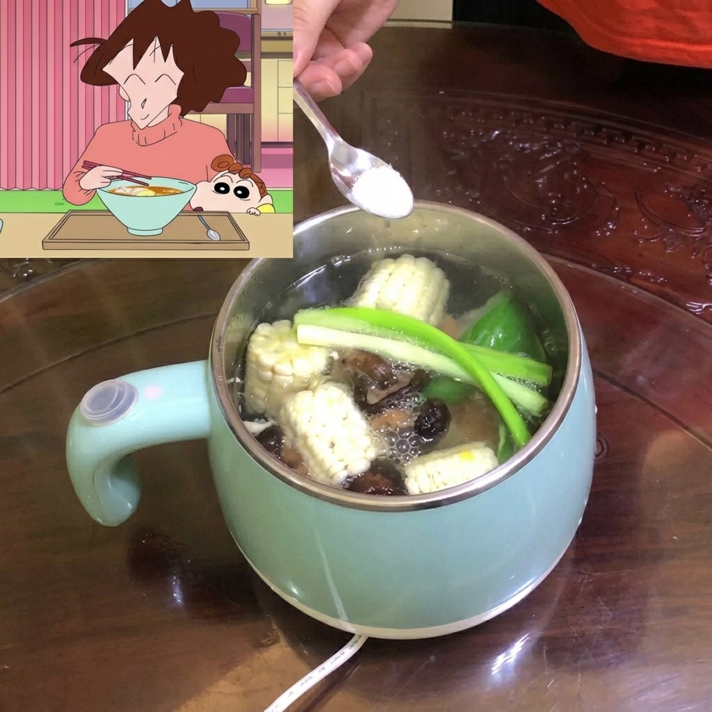 Una cucharada de sal siendo añadida a la olla de sopa de verduras hirviendo.