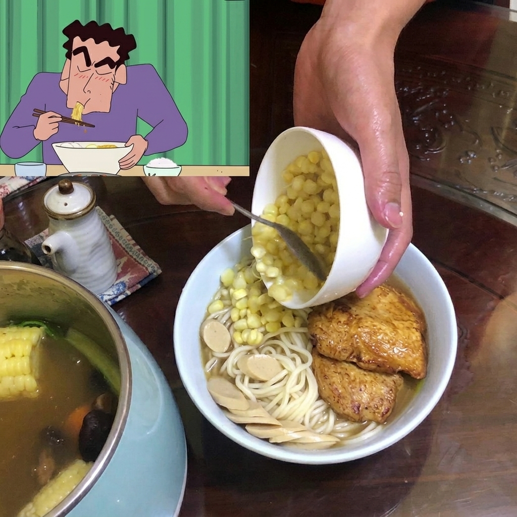 Polvo de caldo de pollo siendo espolvoreado en la base de la sopa burbujeante.