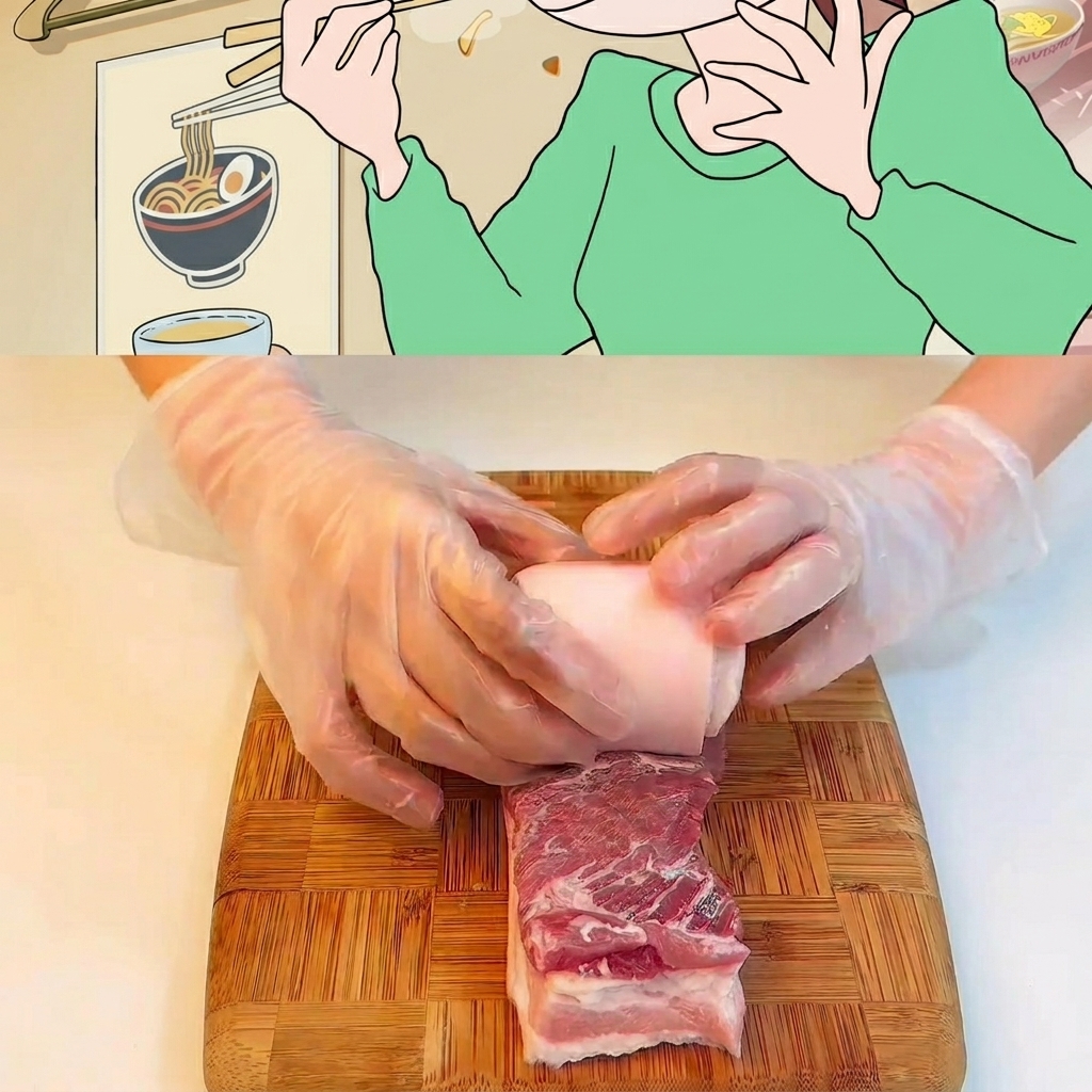 Un trozo de panceta de cerdo cruda enrollado y atado con hilo de cocina sobre una tabla de madera.