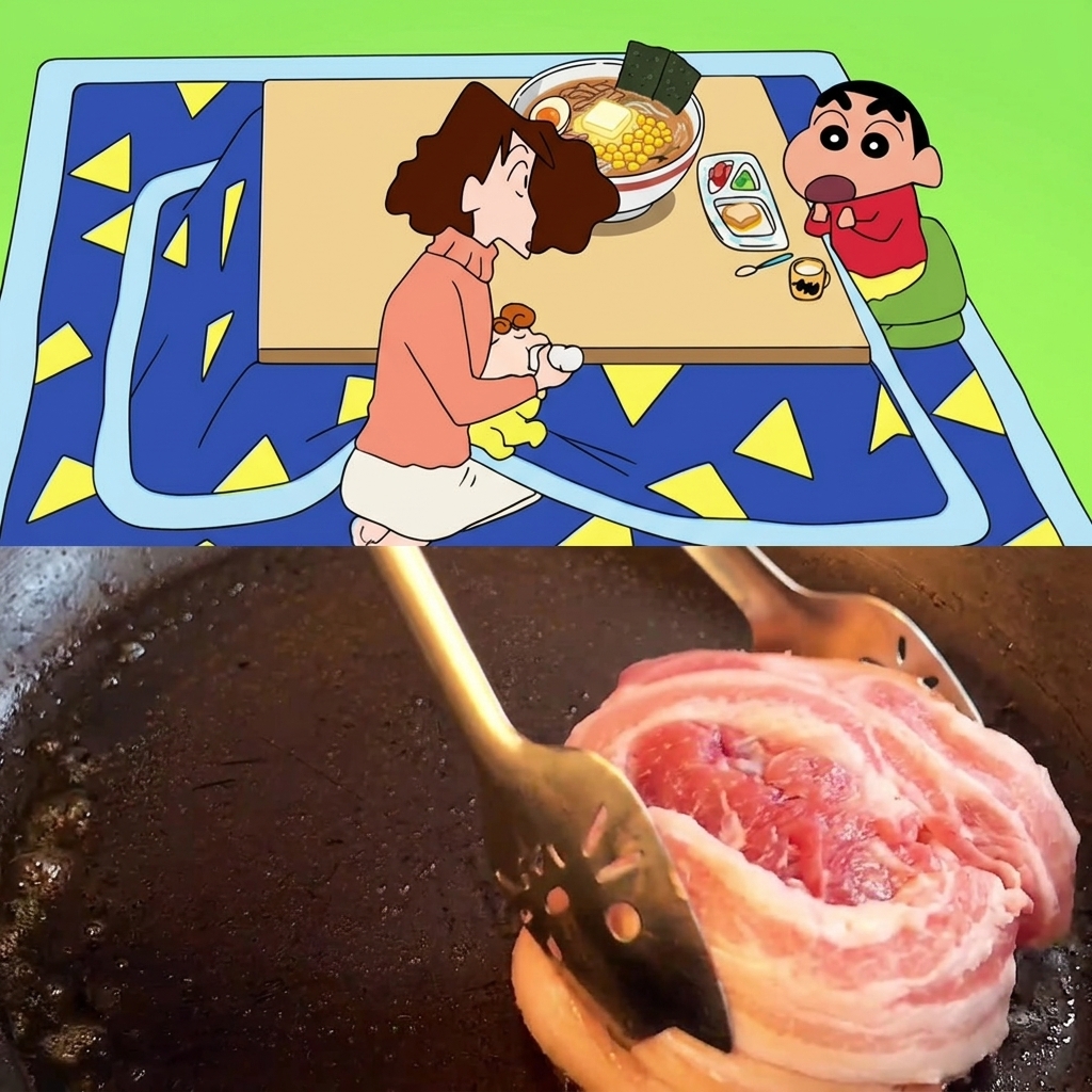 El rollo de panceta de cerdo dorándose en una sartén caliente, siendo girado con una espátula.