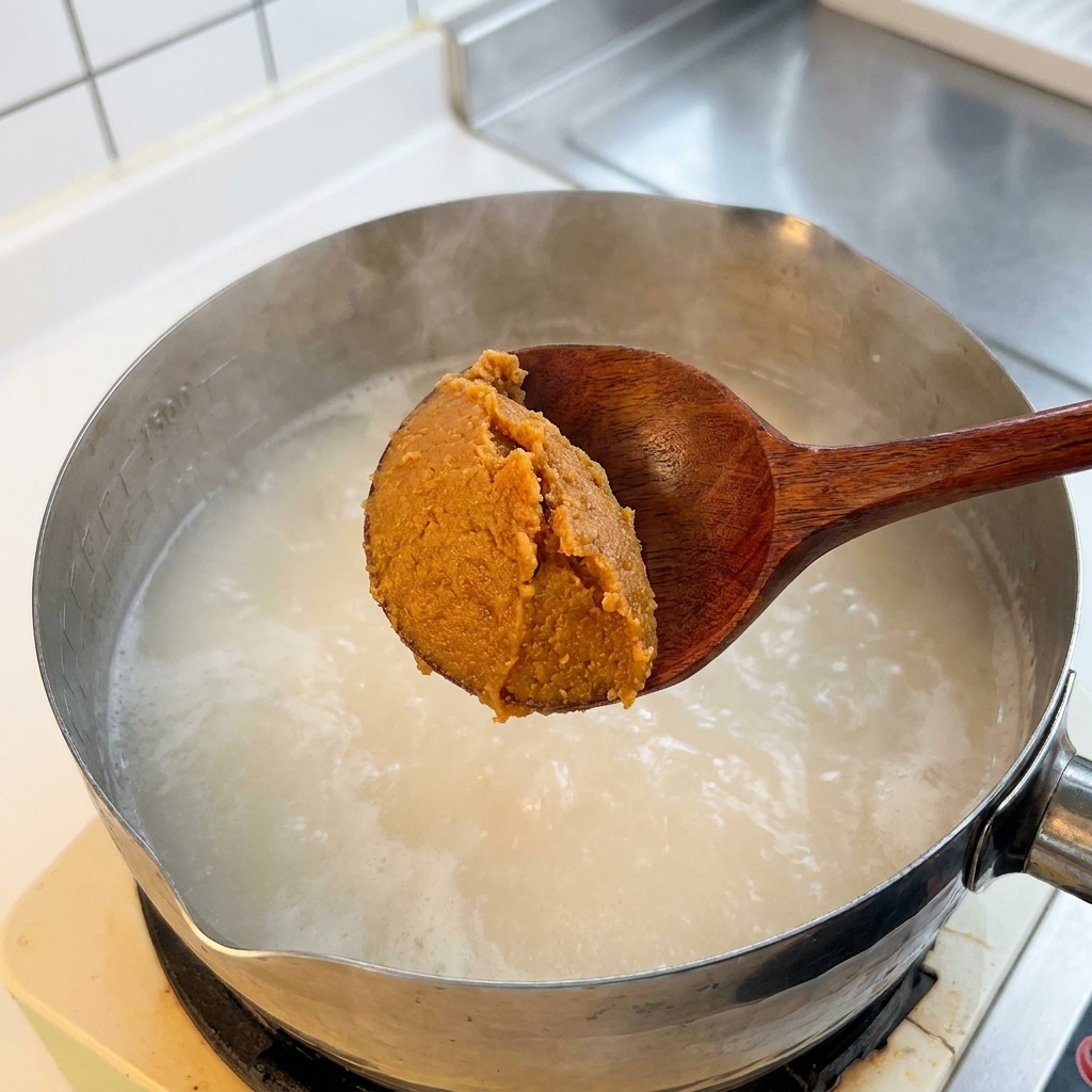 Pasta de miso siendo mezclada en una olla con caldo de huesos hirviendo usando una cuchara de madera.