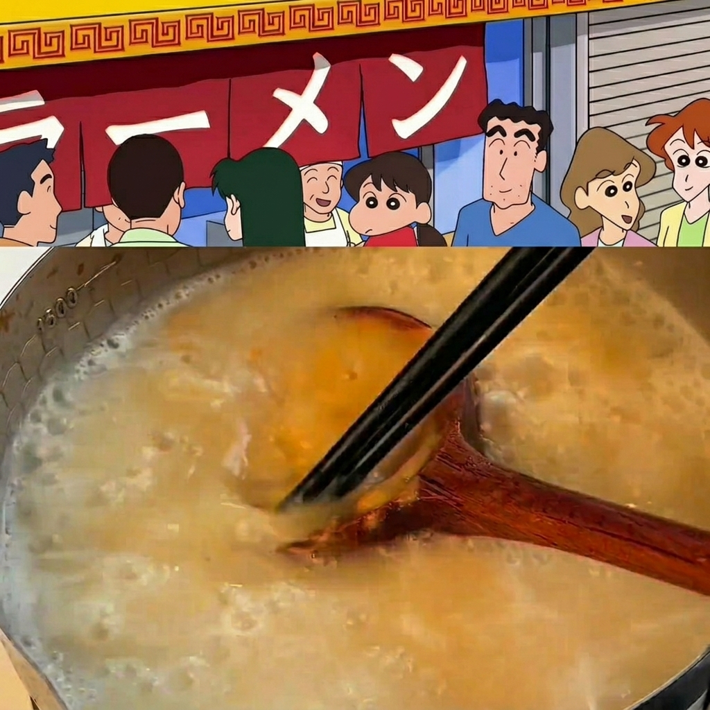Un cucharón mezclando pasta de miso, ajo y jengibre en una olla grande con caldo de huesos burbujeante.