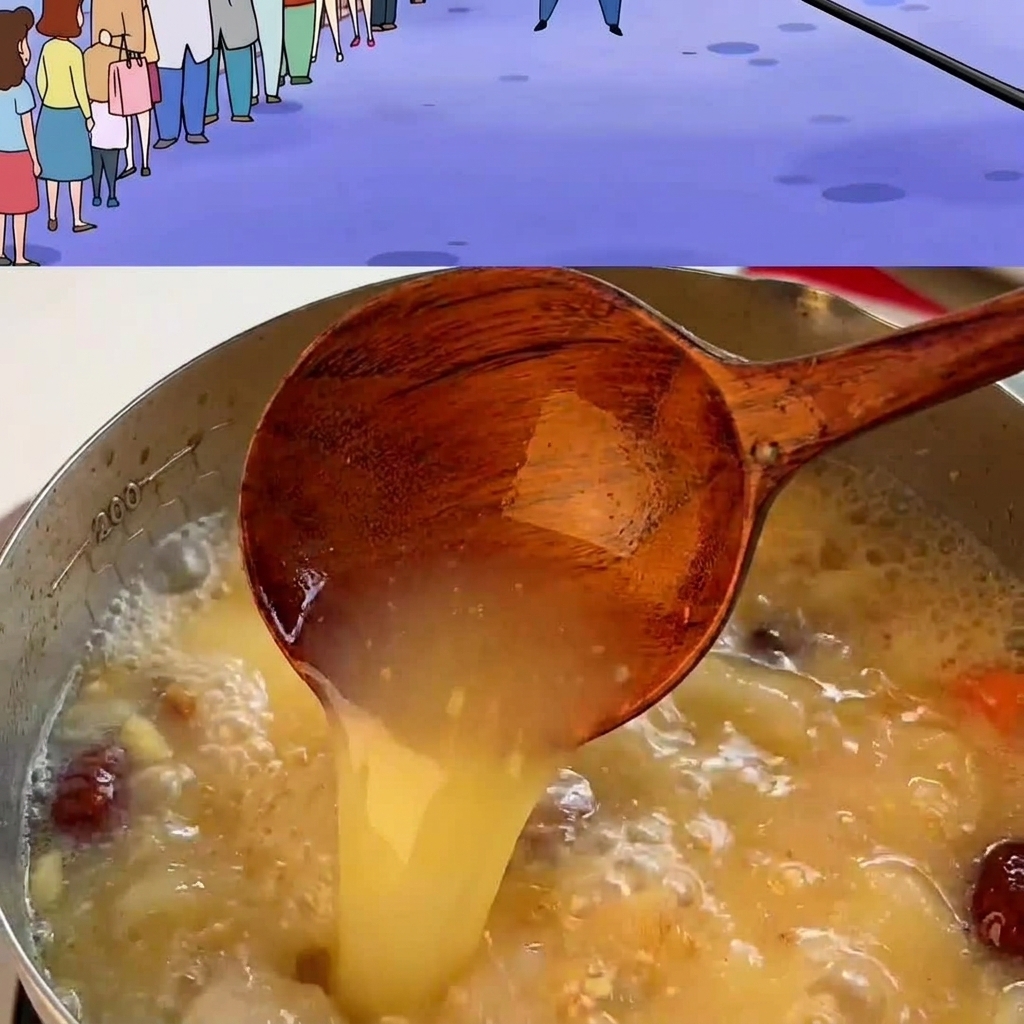 Caldo de miso sabroso y caliente siendo servido con un cucharón de madera en un tazón lleno de fideos cocidos.