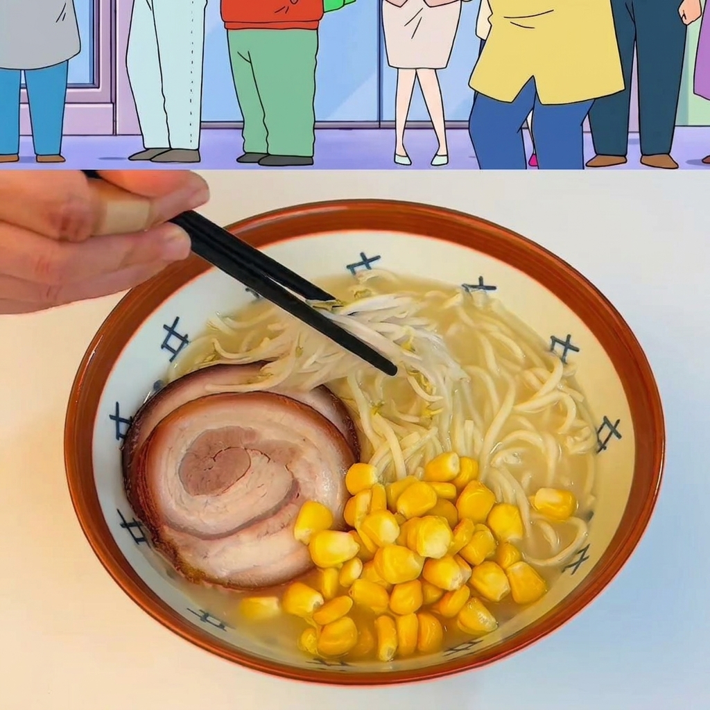 Un tazón de ramen terminado cubierto con maíz, brotes de soja, brotes de bambú, cebollino y un cuadro de mantequilla.