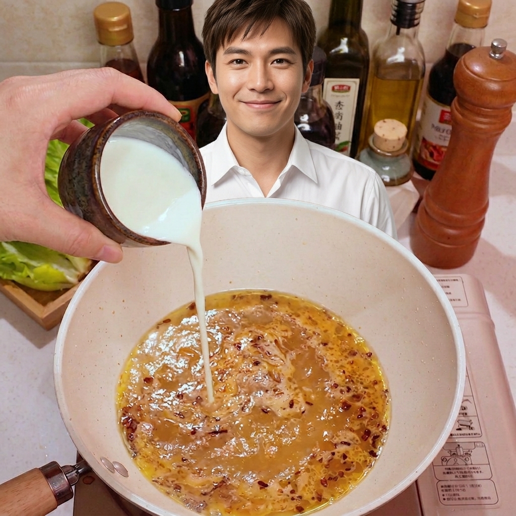 Leche siendo vertida desde una taza pequeña en una sartén que contiene una mezcla de ajo y miso dorado.