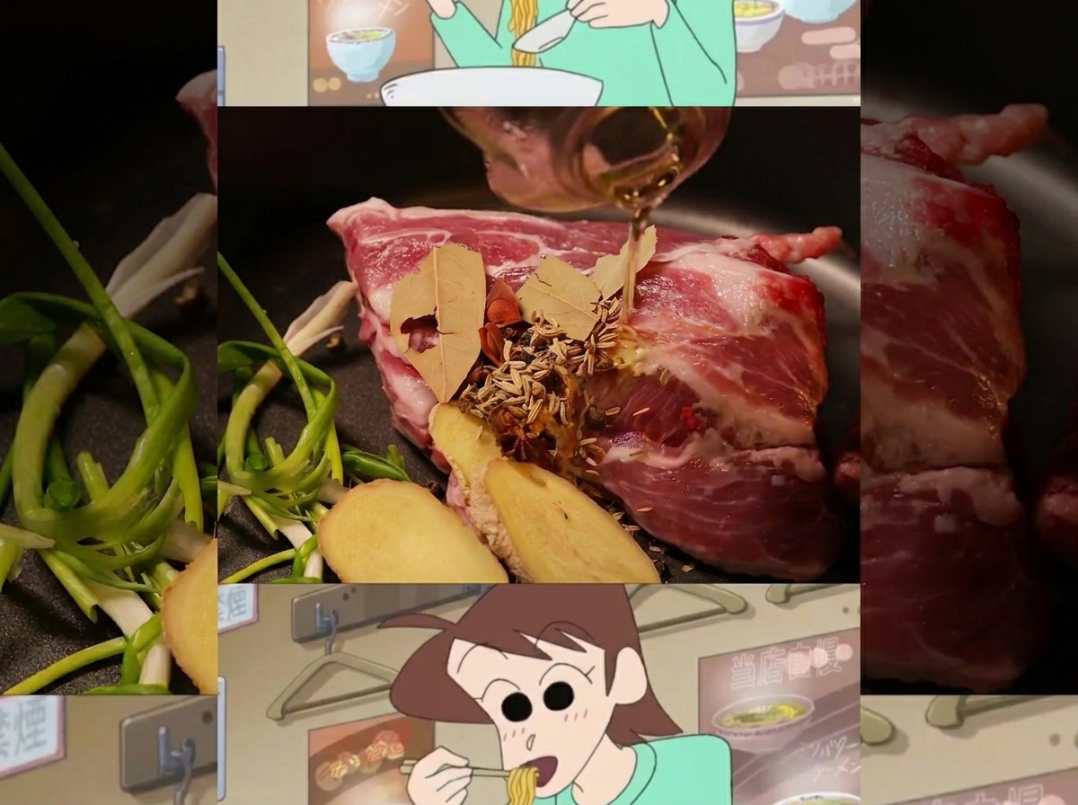 Huesos de cerdo, jengibre y especias hirviendo en una olla grande con agua.